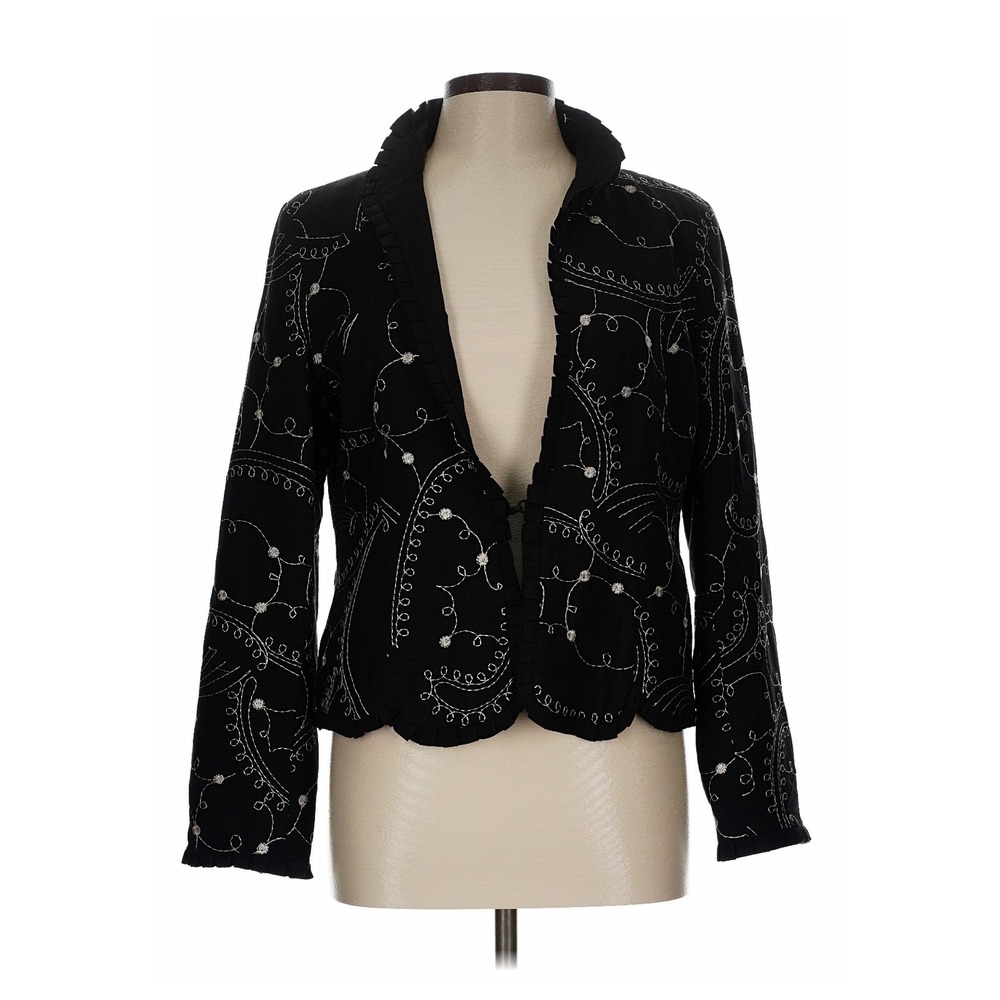 Silk Land Black Embroidered Ruffle jacket‎ Blazer L black boho whimsi y2k Dainty